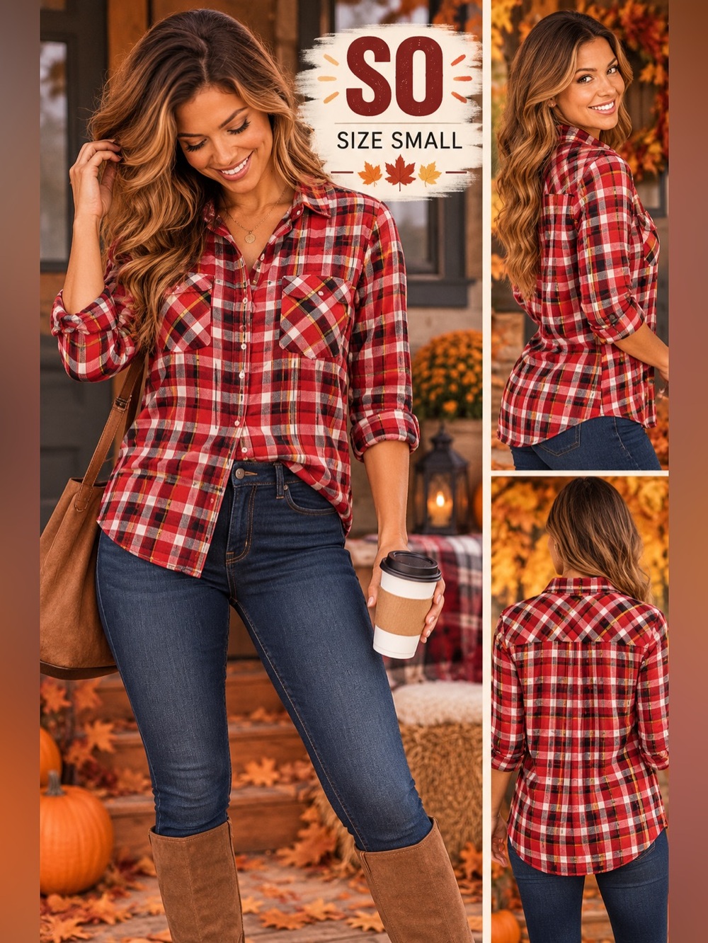 SO Size Small Red Plaid Button Down Flannel Shirt Fall Cottagecore